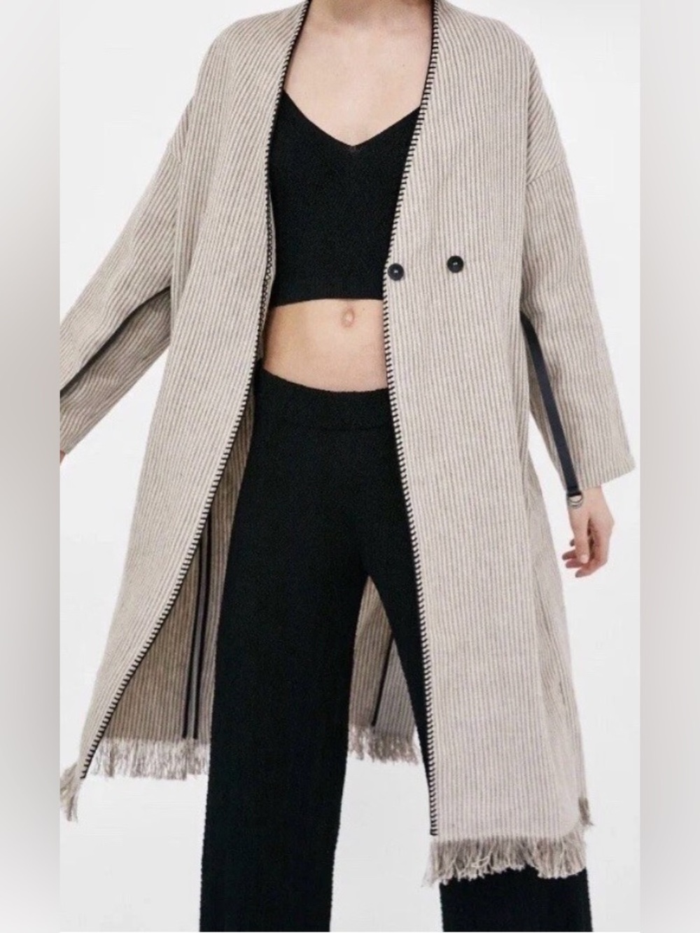 Zara Linen Striped Midi Duster Wrap Coat| Fringe | Belt | Size L